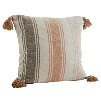 Recycled Striped Sand, Charcoal, Beige &amp; Orange Square Cushion with Tassels