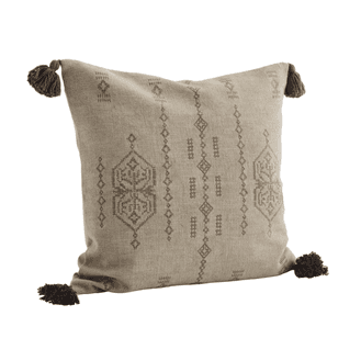 Recycled Embroidered Taupe &amp; Brown Square Cushion with Tassels
