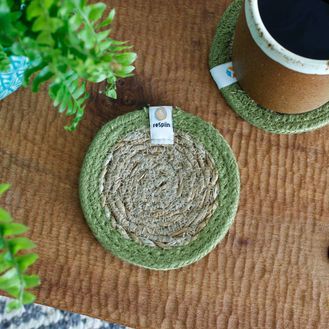 Set of 6 Seagrass &amp; Jute Natural/Green Coasters
