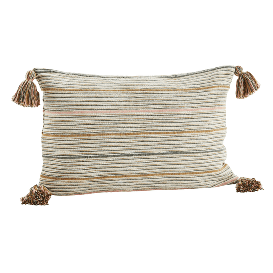 Recycled Striped Off white, Mustard, Coral, Rose &amp; Khaki Rectangle Cushion Cover with Tassels
