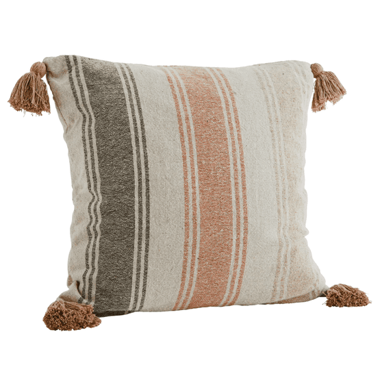 Recycled Striped Sand, Charcoal, Beige &amp; Orange Square Cushion with Tassels