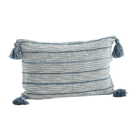 Recycled Striped Off white, Blue, Emerald, &amp; Grey Rectangle Cushion Cover with Tassels
