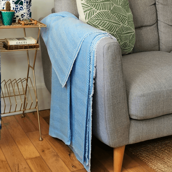 Luxury Handwoven Sky Blue Chevron Cashmere Blanket