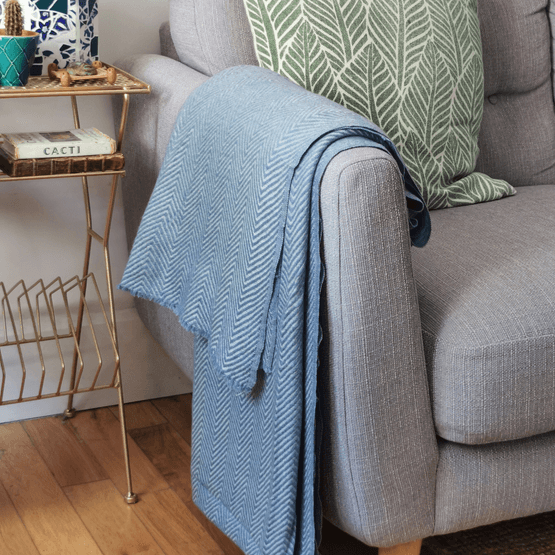 Luxury Handwoven Blue-Grey Chevron Cashmere Blanket